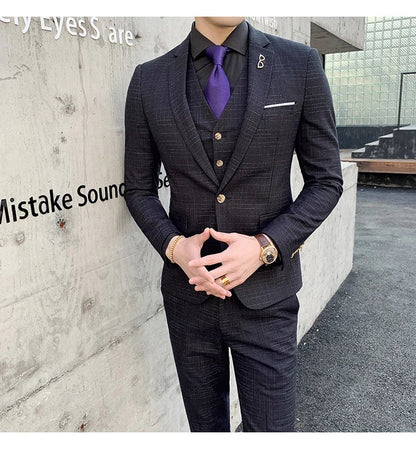 High Quality Slim-fit Men's Three-piece Suit with Vest And Trousers - Double Buckle Wedding Art Fabric Tough Man Suit