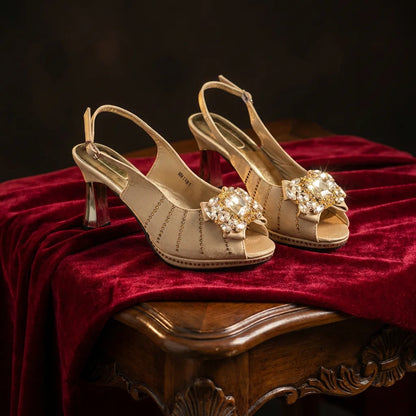 2026 New Brown Rhinestone Peep-Toe High Heel Sandals and Bag Set for Women –Elegant Italian Party Shoes Perfect for Wedding
