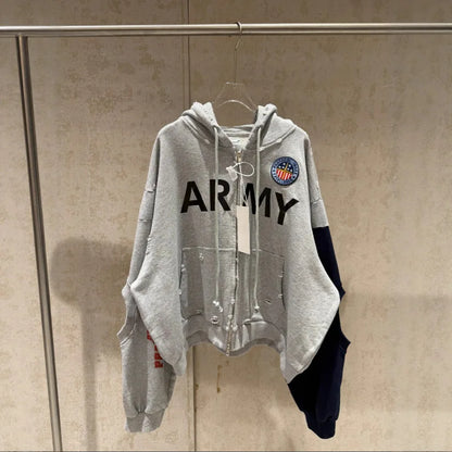 2026 Patchwork ARMY Vintage Damaged Cardigan Pullover Men Women Best Quality Hoodie