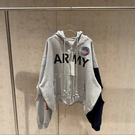 2026 Patchwork ARMY Vintage Damaged Cardigan Pullover Men Women Best Quality Hoodie