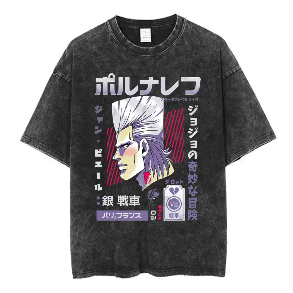 Anime Jojo Bizarre Adventure Washed T-shirt STEEL BALL RUN Diego Brando Manga T-shirts Men Women Cotton Casual Oversized T shirt