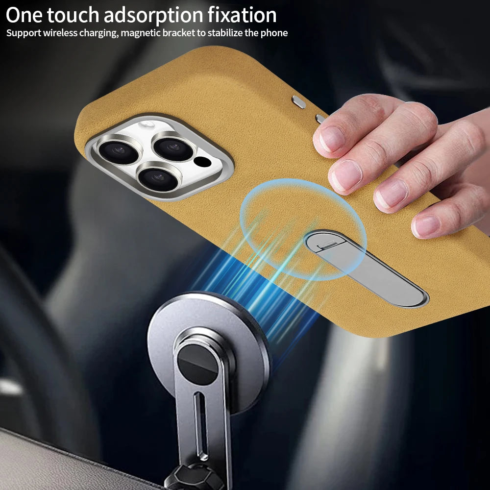 For iPhone 17 Pro Protective Case With Metal Rotatable Kickstand Suede Artificial Leather Phone Case For iPhone 17 16 15 Pro Max