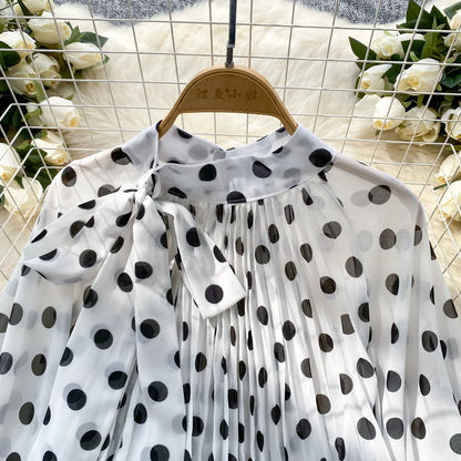 Autumn Leopard Print Blouse Women Bow Neck Long Sleeves Loose Top Korean Style Ins Polka Dot Chiffon Shirt 2025