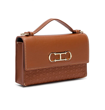 Premium Leather Handbag Monogram Embossing Metallic Clasp Portable Handle Structured Silhouette Ideal Office Evening Events