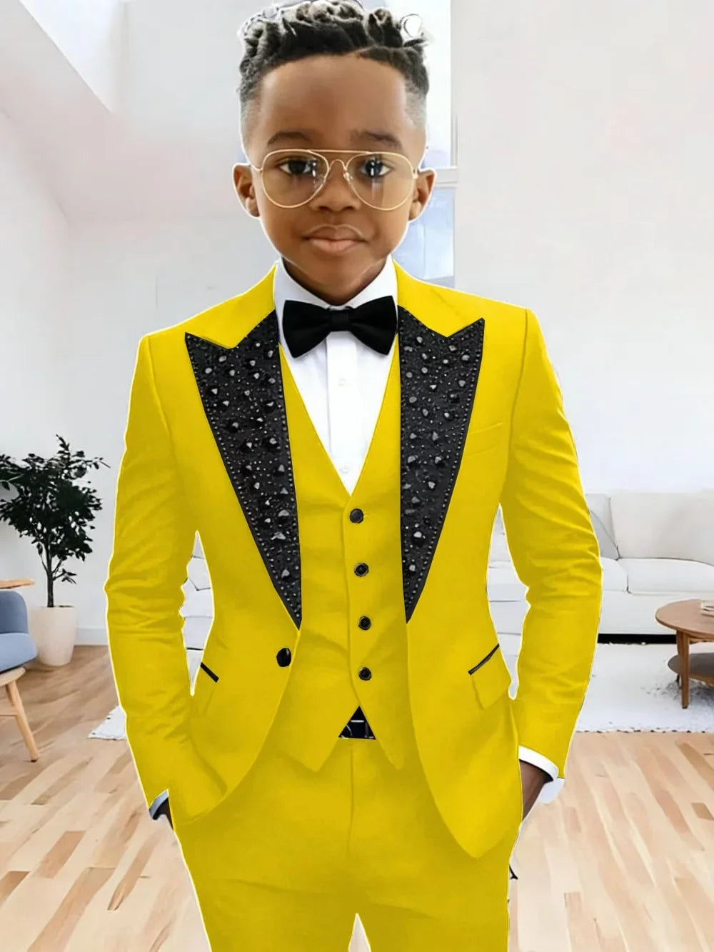 Boys Luxury Beaded Suit Set 3 Pieces For Evening Party High Quality Peak Lapel Suits Piano Performance Wear Elegant Plus Size