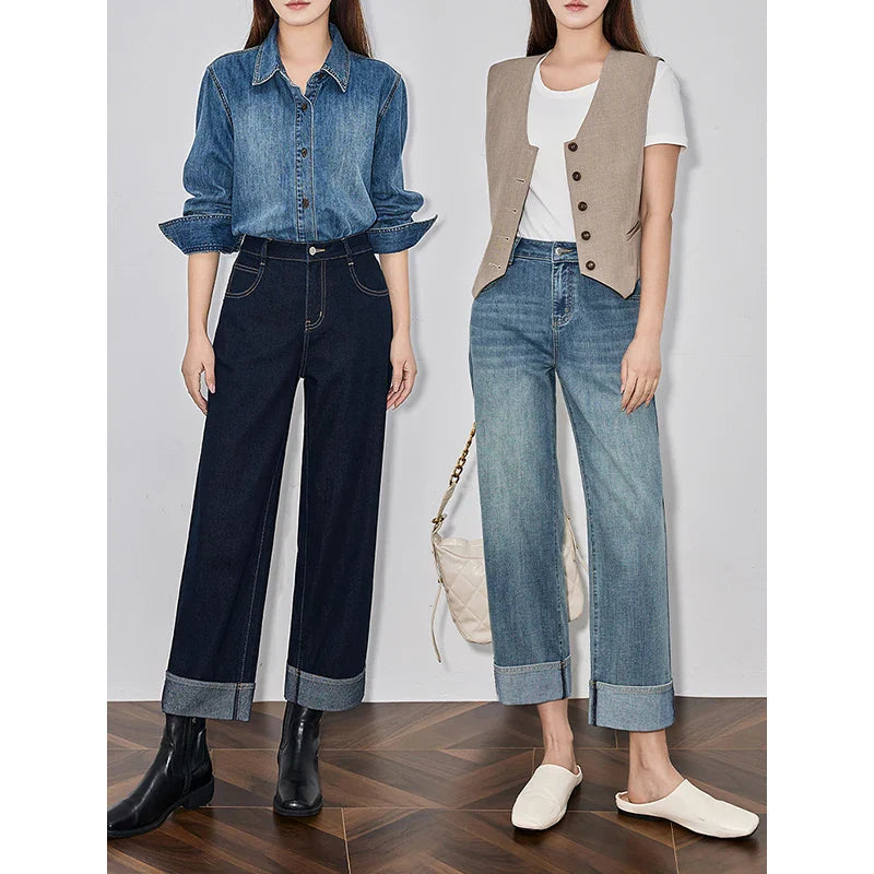 Women Denim Jeans 2025 Spring New Straight Wide Leg Rolling Up Ankle Length Cropped Pants