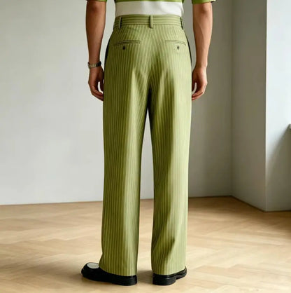 Vintage Men Pants Thin Slacks Business Striped Trousers High Waist Pleated Wide Leg Loose Straight Casual Office Wedding