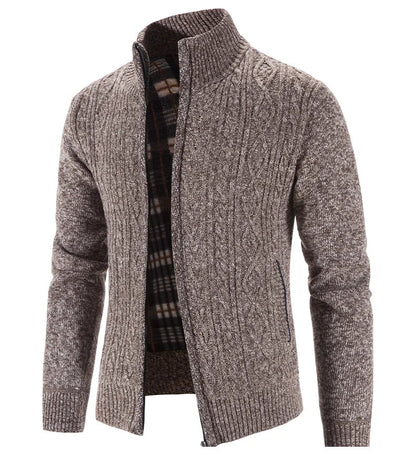 Winter Autumn New Sweater Knit Cable Cardigan Men Business Casual Jacket Zipper Up Solid Color Turn-down Coat Fleece Clothes