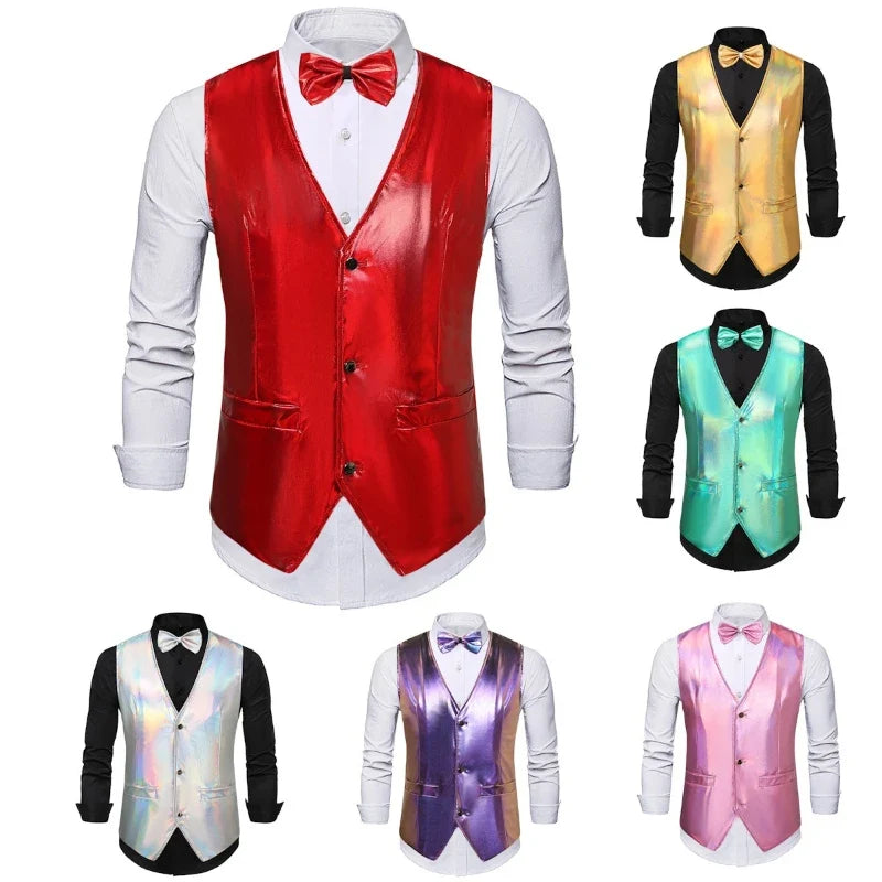 2025 New Gold, Silver, Pink, Purple Disco Glitter Vest for Men, Six Color Bright Men's Waistcoat with Bow Tie, Eur Size S-2XL