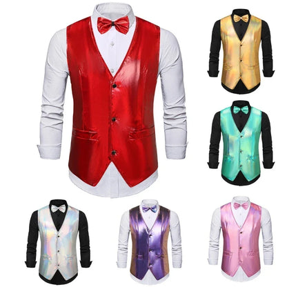 2025 New Gold, Silver, Pink, Purple Disco Glitter Vest for Men, Six Color Bright Men's Waistcoat with Bow Tie, Eur Size S-2XL