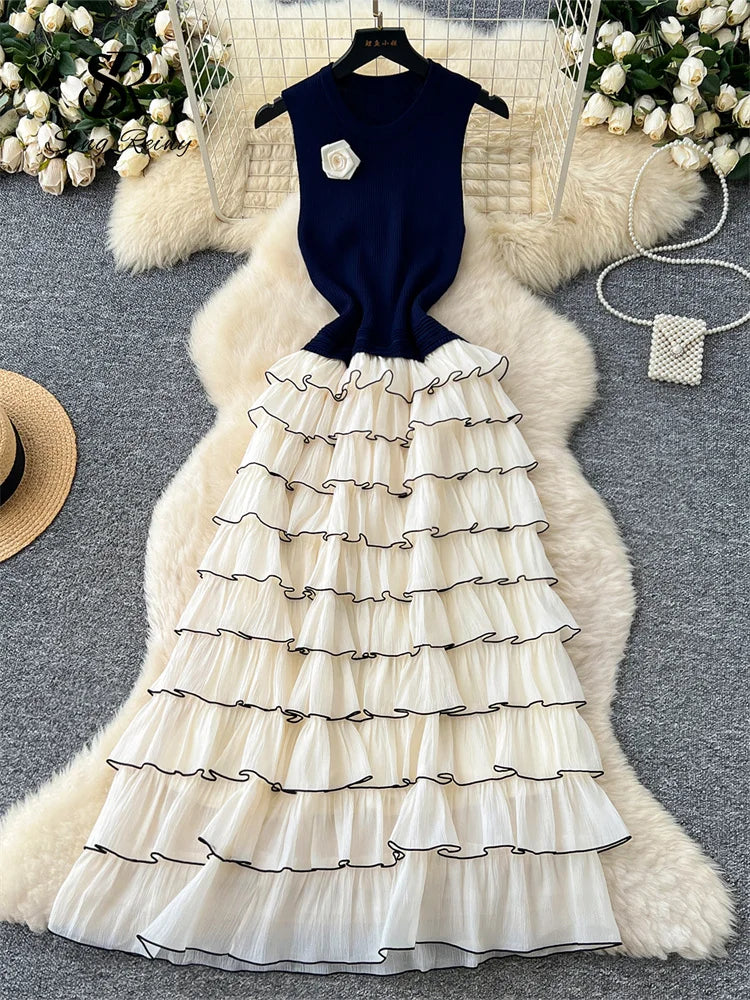Autumn 3D Floral Spliced Long Dress 2025 Female O Neck Long Sleeves High Quality Slim Luxury Knitted Party Cake Dress