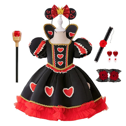 Halloween Red Queen Costume Girls Queen of Hearts Costume with Heart Details Stand Collar Red Black White Carnival Dress