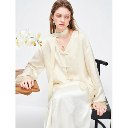 New Chinese-inspired Women's Satin Jacquard V-Neck Blazer Button Closure Acetate Fabric Sash Blouse Spring 2026 New Arrival