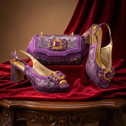 2026 Italian Luxury Rhinestone Taro Royal Blue Open Toe High Heel Shoe And Bag Set for Women - Perfect for Parties Wedding