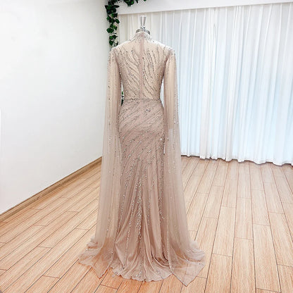Luxury Beaded Evening Dress Cape Sleeve Dubai Sheer Neck Mermaid Formal Prom Wedding Party Gown Customized 2026