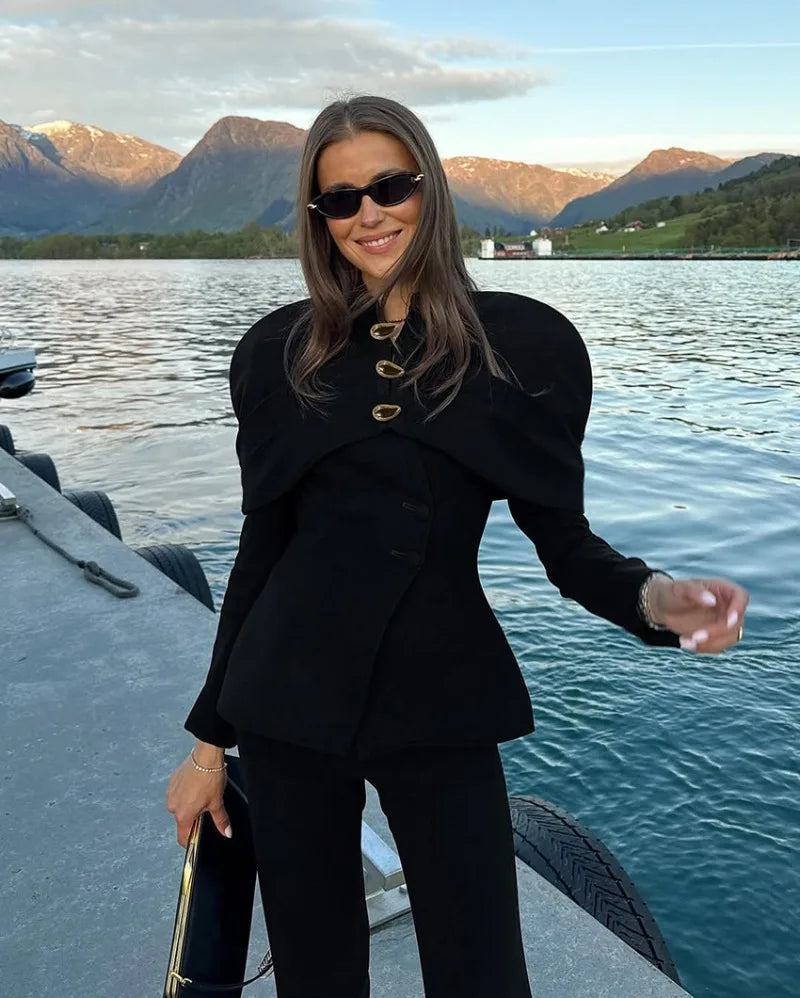 Black Elegant Blazer For Women 2025 Autumn Fashion Gold Buttons Patchwork Jacket Coat Party Vintage Commuter Suit Jacket