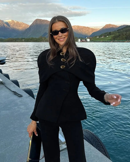 Black Elegant Blazer For Women 2025 Autumn Fashion Gold Buttons Patchwork Jacket Coat Party Vintage Commuter Suit Jacket