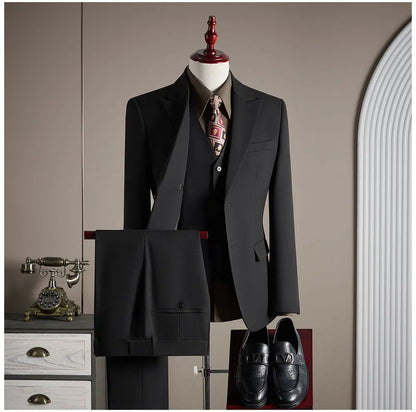 High-End Wool Suit Set for Men, Fashionable and Stylish Business Casual Three-Piece Suit, Tencel Suit, Groom's Wedding Dress