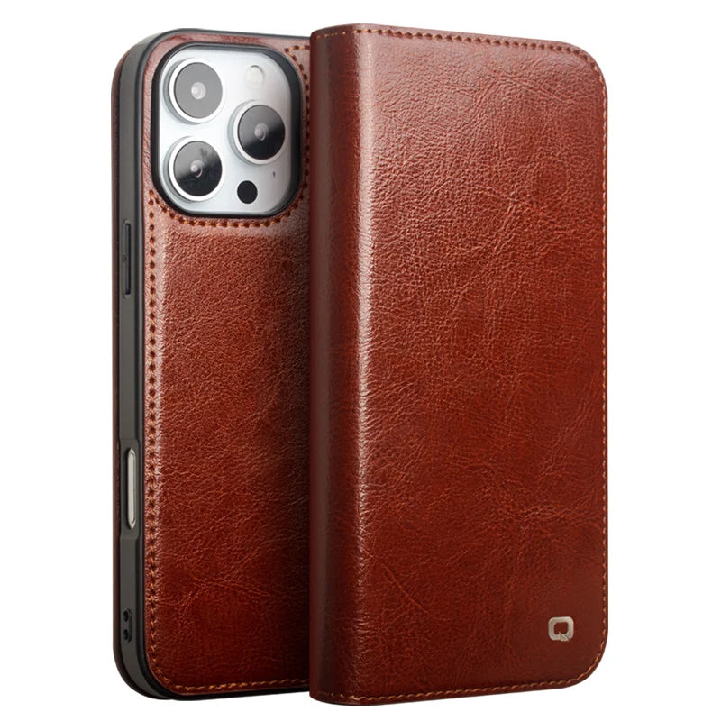 Genuine Leather Flip Case for iPhone16 Pro Max Handmade Cover with Card Slots for iPhone 16 Pro Max/16 15 14 13 12 11Pro