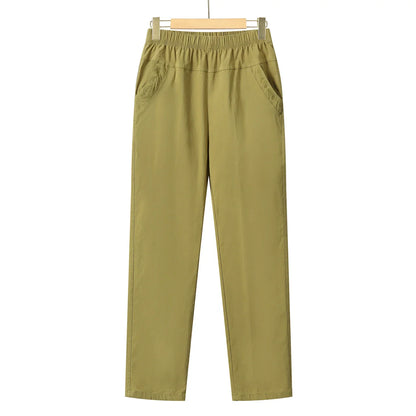 Summer Casual Washed Cotton Women's Plus Size Pants 2025 Elastic Waist Office Casual Outdoor Trousers Breathable Cool Clothing