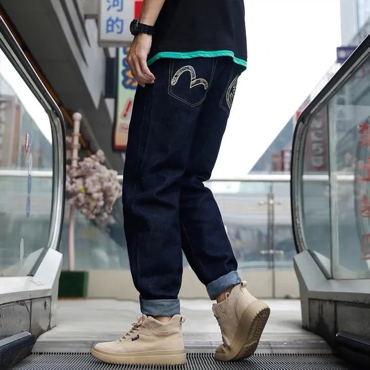 Men's Japanese Handmade Embroidered Jeans Pure Cotton Straight Tube Hip-Hop Popular Slim Red Ears Show Thin Trousers Devil Black