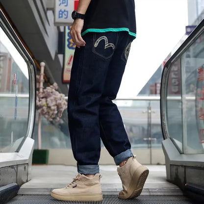 Men's Japanese Handmade Embroidered Jeans Pure Cotton Straight Tube Hip-Hop Popular Slim Red Ears Show Thin Trousers Devil Black