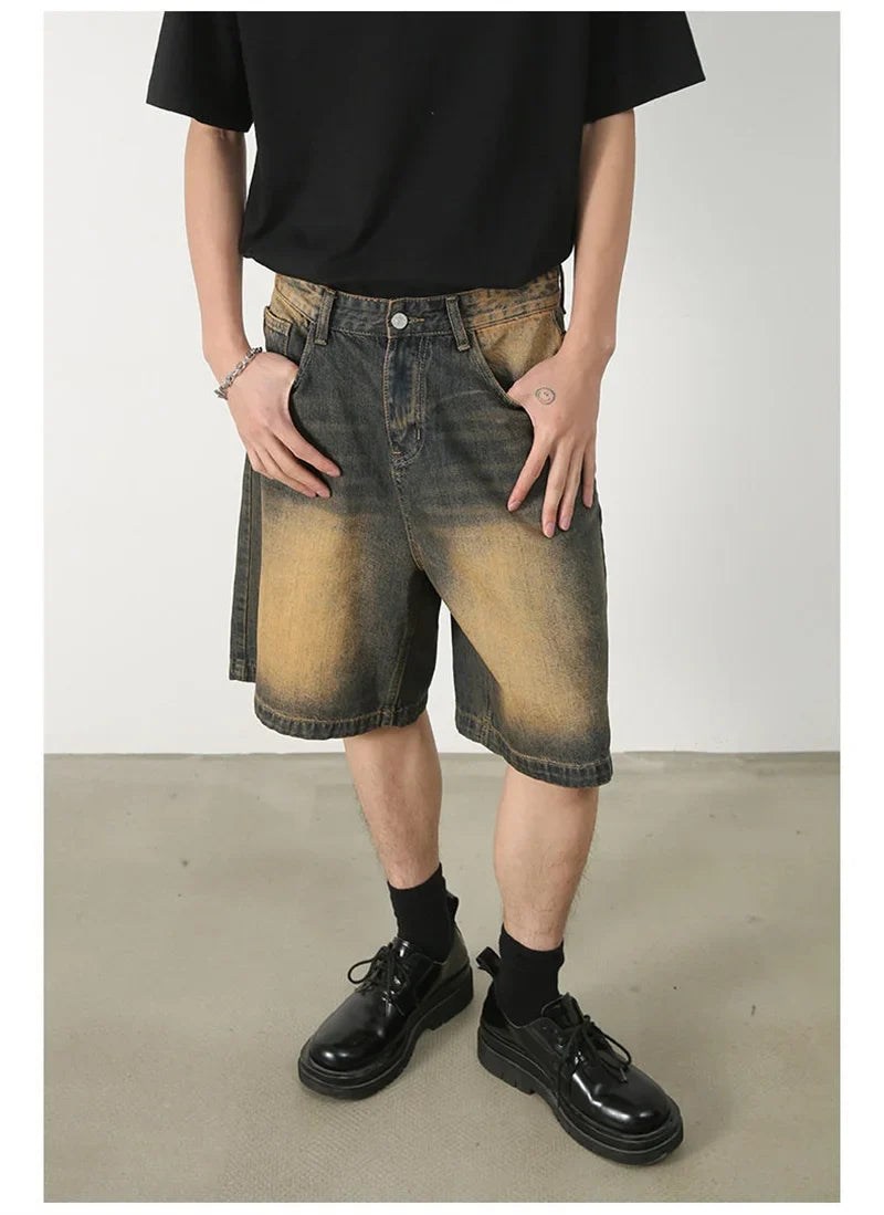 Summer Retro Washed Distressed Baggy Jorts Men's High Street Fashion Straight Jeans Shorts Y2K Casual Blue Denim Short Pants