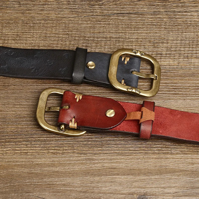 3.8CM Pure Cowhide High Quality Genuine Leather Belts for Men Embossing Strap Male Copper Buckle Luxury Designer Jeans Cowboy