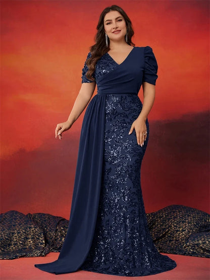 Plus Size Short Sleeve Ribbon Sequin Formal Evening Dresses Women Long Mermaid Wedding Party Bridesmaid Guest Gowns