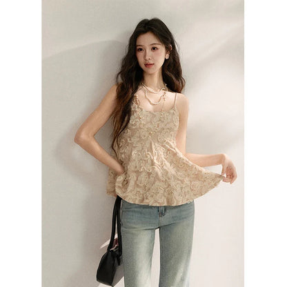 Women's Cherry Blossom Pink 3D Petal Camisole Tank Top 2026 Summer New Spaghetti Strap Ruffle Hem Inner Vest MXF16D2373