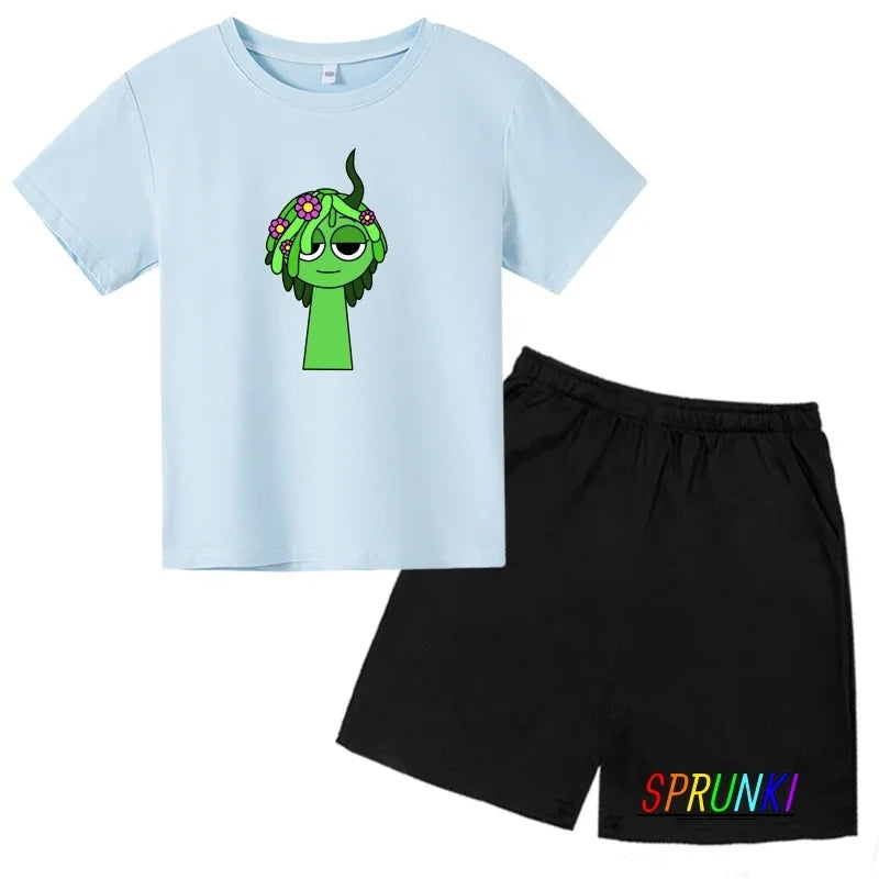 2026 Sprunki Kids T-Shirt + Shorts Set, Boys Girls Cartoon Game Printed Cotton Short Sleeve 2Pcs Summer Casual Outfit