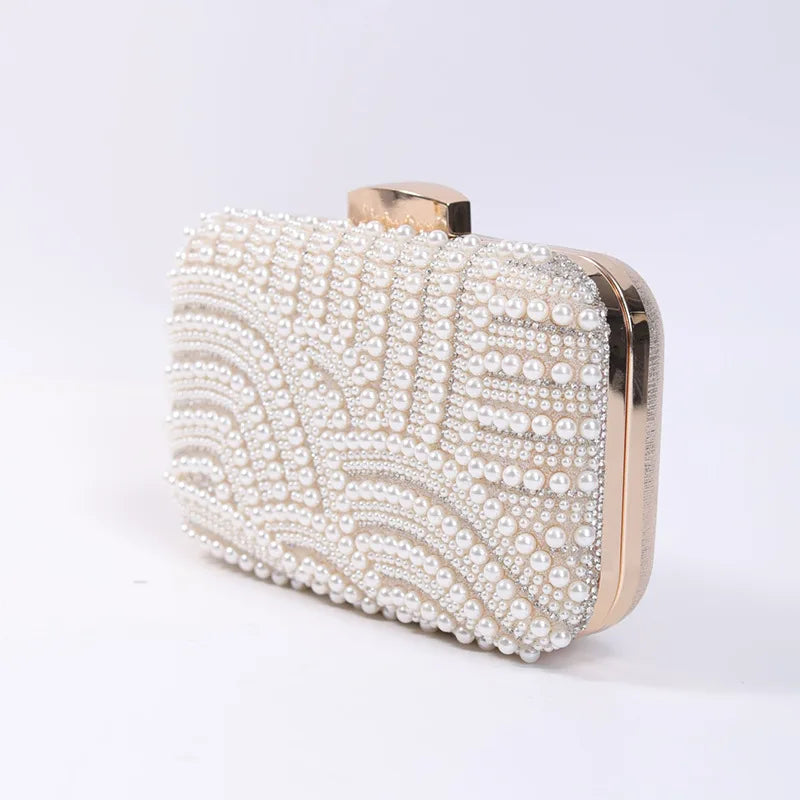 Ladies Pearl Elegant Evening Bag Fashionable Stylish Beading Wedding Dinner Party Banquet Dress Clutch Bag with Long Chain Purse