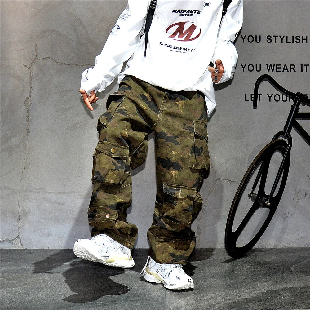 High Quality Vintage Multi-Pocket Camo Cargo Pants Mens Clothing High-End Fabric Tactical Baggy Pants Thick Casual Work Trousers