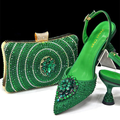 Blue Color Rhinestone Comfortable high heel shoe And Bag Fashion Style Pointed-Toe Shoes For Women Or Commuting Shoes