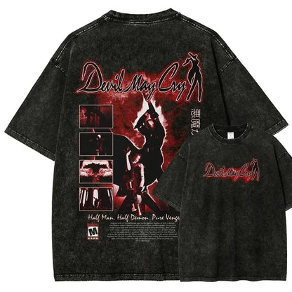 Devil May Cry 3 Dante Awakening Vintage Washed Tee, Double Sided Design, Front Dante Character Game Title Women And Men T-Shirt