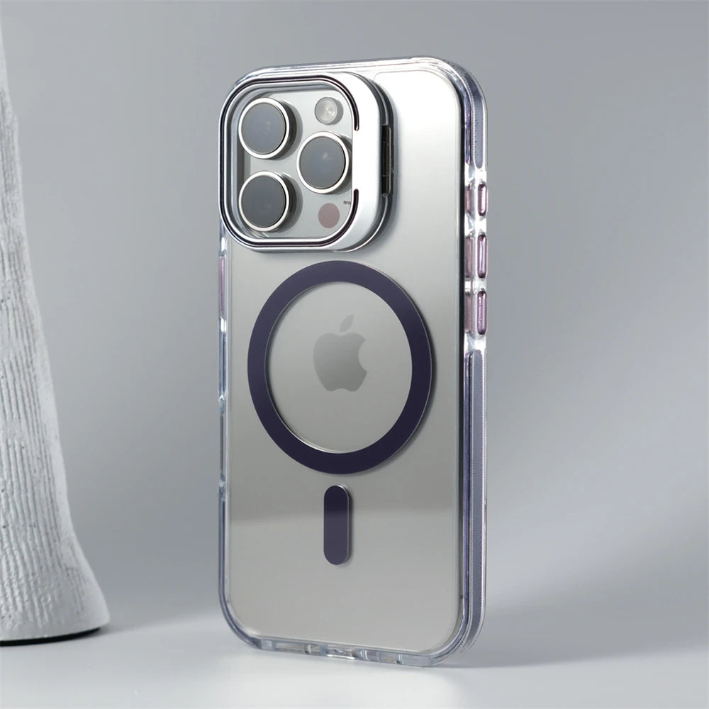 Luxury Lens Holder Shockproof Magnetic Case For iPhone 16 15 14 Plus 13 12 17 Pro Max 17Air 16e Magsafe Fashion Clear Cover