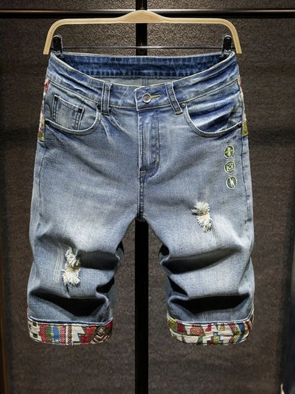 New Summer Fashion Trend Ripped Straight Tube Printed Denim Shorts Men's Casual Loose Comfortable Sports High Quality Pants