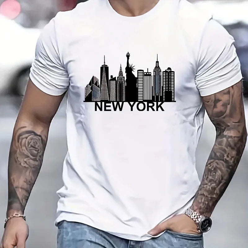 100% pure cotton men's New York city pattern printed fashionable casual loose sports round neck short sleeved T-shirt top