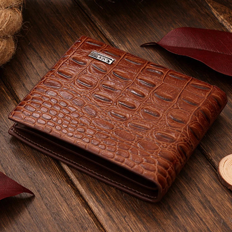 Men's Crocodile Pattern Genuine Leather Wallet - Small Bifold Clutch Purse with Secure Clamp