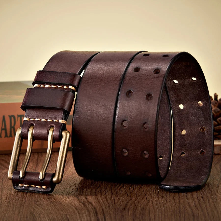 3.8cm Wide Retro Vintage Men's Belt Cowhide Genuine Leather Belt Copper Double Needle Buckle Handmade Cowboy Jeans Belt
