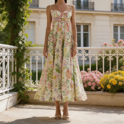 Fashionable Lady Floral Corset Maxi Dresses Halter Neck Sleeveless Flowy Long Dress Female Beach Vacation Party Evening Gown