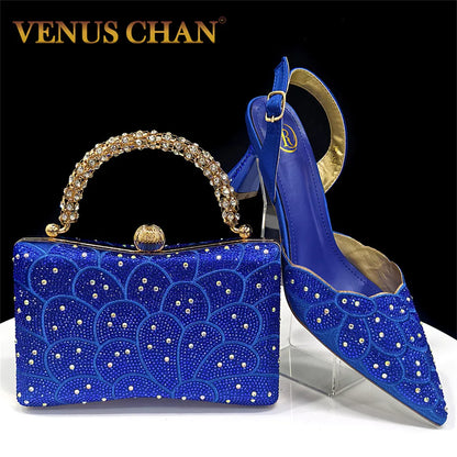 2026 Women's Blue Color Heels with Rhinestone Accents & Matching Bag Set - Elegant Italian Fashion Pointed Toe Design