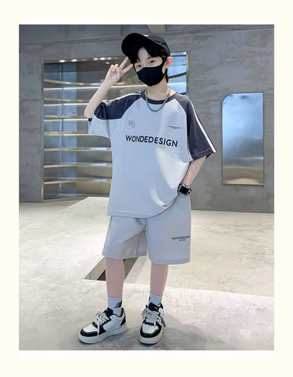 Summer Boys Cotton Loose Contrast Alphabet T-Shirt Tops+Shorts Pant School Kids Tracksuit Child 2PCS Outfit Workout Set 5-16 Yr