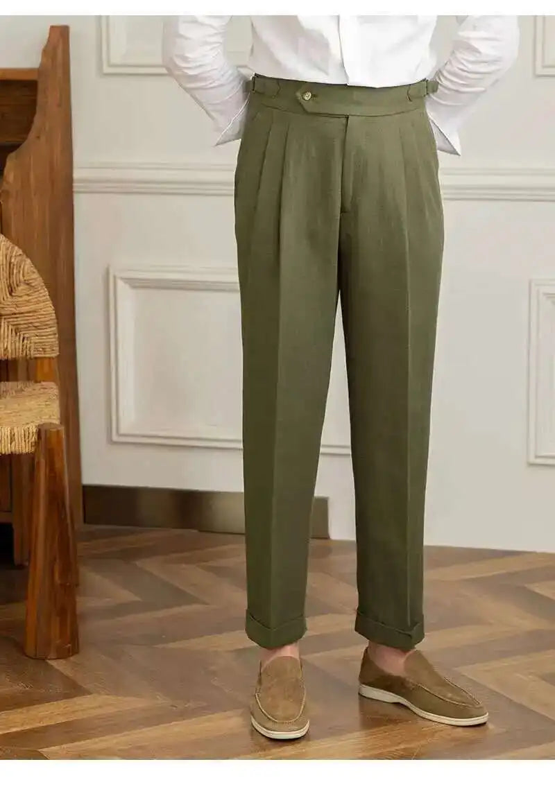 Linen Cotton High Waist Straight Casual Pants Men Versatile Naples Gentleman Pleated Pants High Quality Italian Dress Trousers