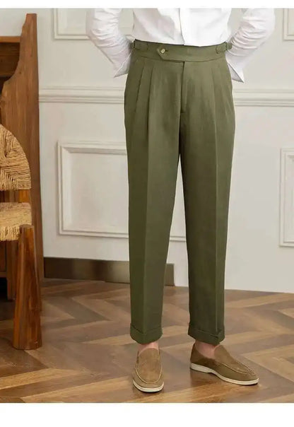 Linen Cotton High Waist Straight Casual Pants Men Versatile Naples Gentleman Pleated Pants High Quality Italian Dress Trousers