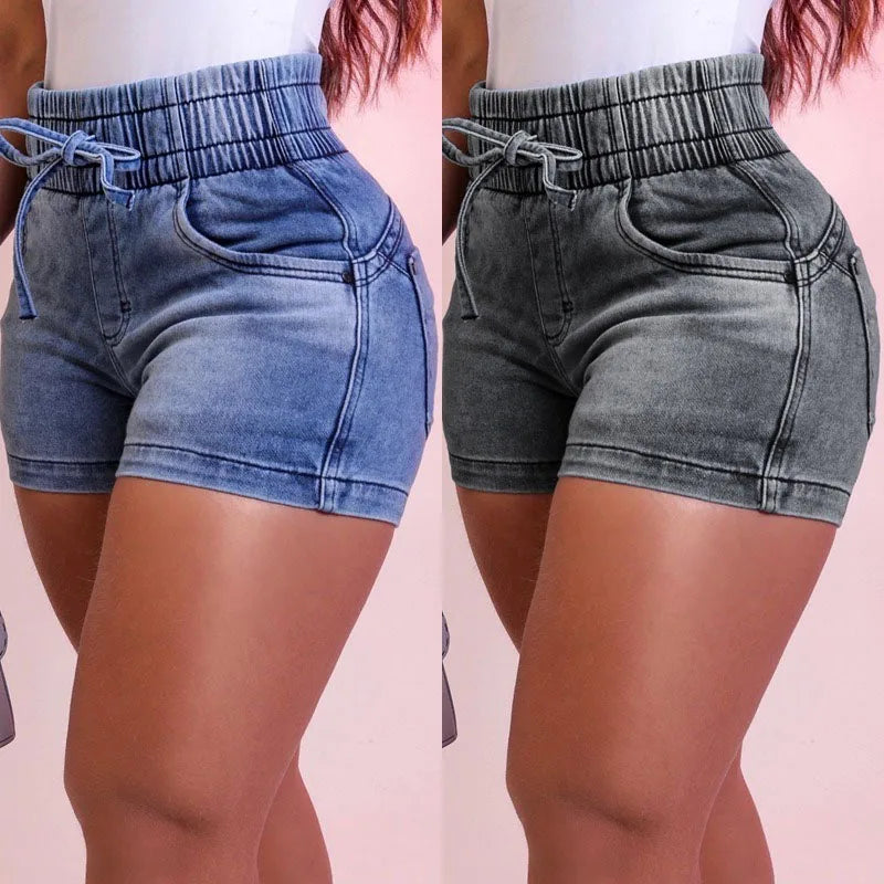 Luxury Fashion Slim Spring/summer New Slim Denim Shorts Women's High Waist Elastic Waist Lace-up Hot Pants
