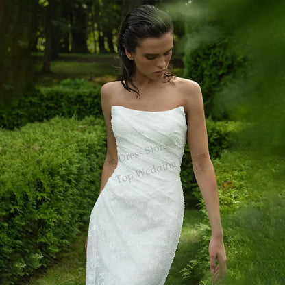 Lace Wedding Dresses 2026 Strapless Mermaid Applique Sleeveless Pleated Luxury Bridal Reception Dresses For Woman Customized