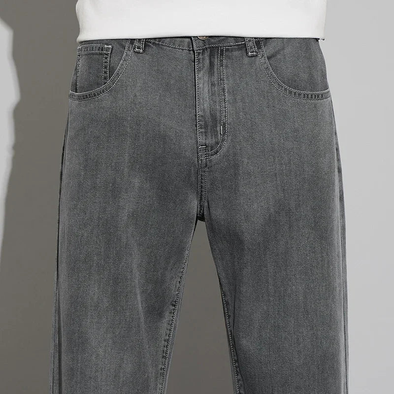 2025 New Lyocell Summer Thin Business Male Pants Jeans Men's High Waist Loose Comfortable Straight Elastic Denim Trousers