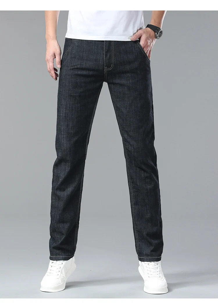 Light Blue Classic Business Casual Cotton Pants Fashion Breathable Denim Elastic Trousers Brand Men's Clothing Straight Jeans