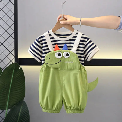 Summer Kids Boys Clothing Toddler Casual Dinosaur Clothes Strips T Shirt Cartoon Bib  Short Pants 2Pcs/Set Children Suit Sets